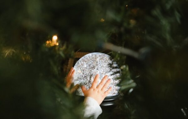 In einem Baum ist eine große Schneekugel, welche von einem Kind mit beiden Händen angefasst wird